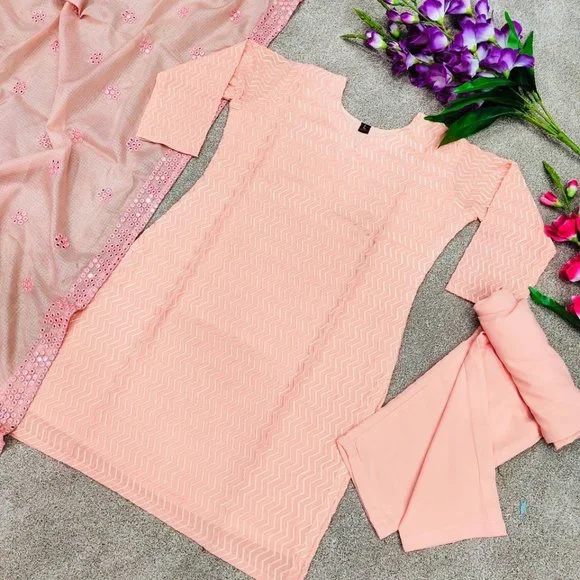 BEAUTIFUL GEORGETTE DESIGNER KURTA PANT AND DUPATTA SET SEQUENCE EMBROIDERY WORK - Picture 7 of 9